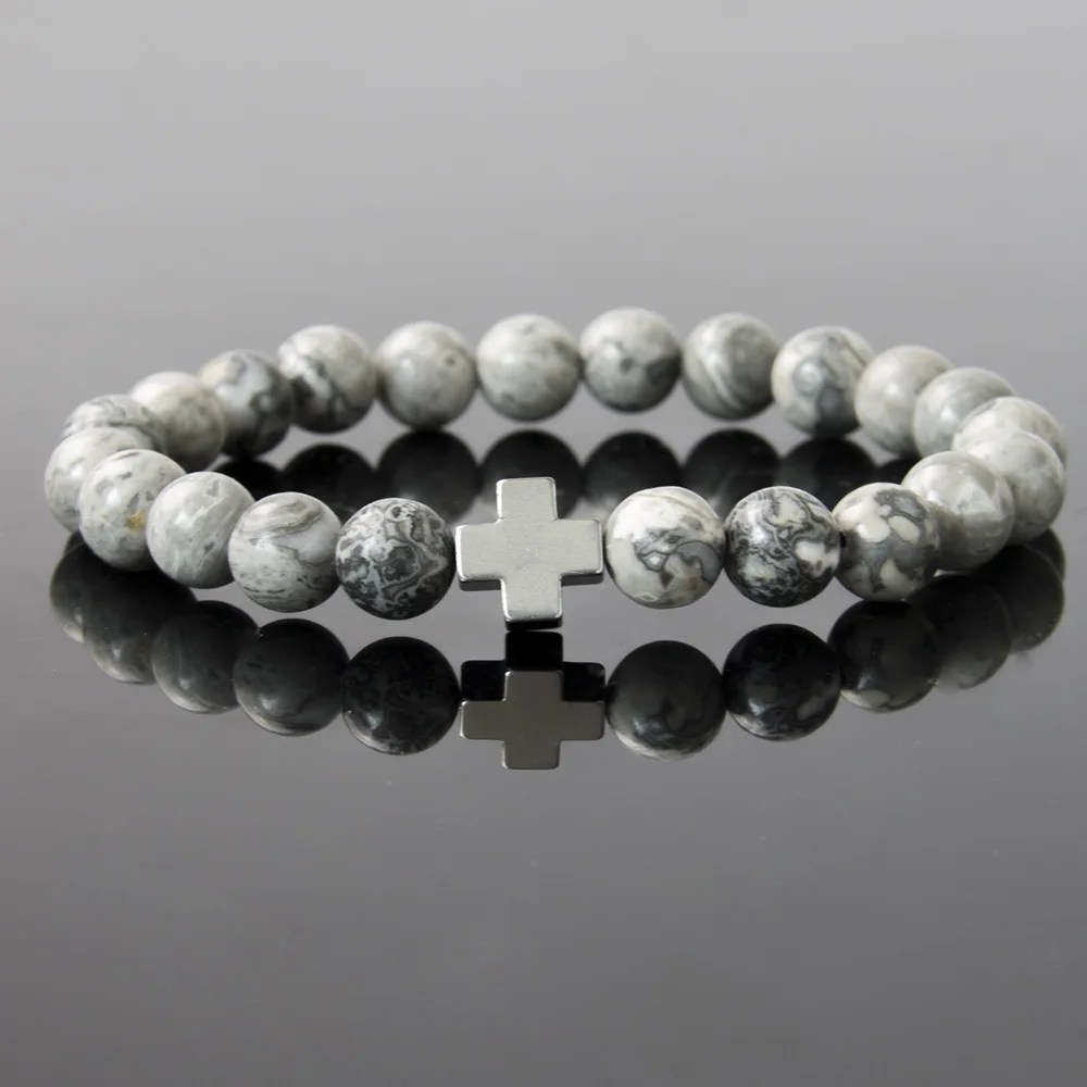 Новинка 22016 браслет из натурального серого камня 8 мм с бусинами в виде карты