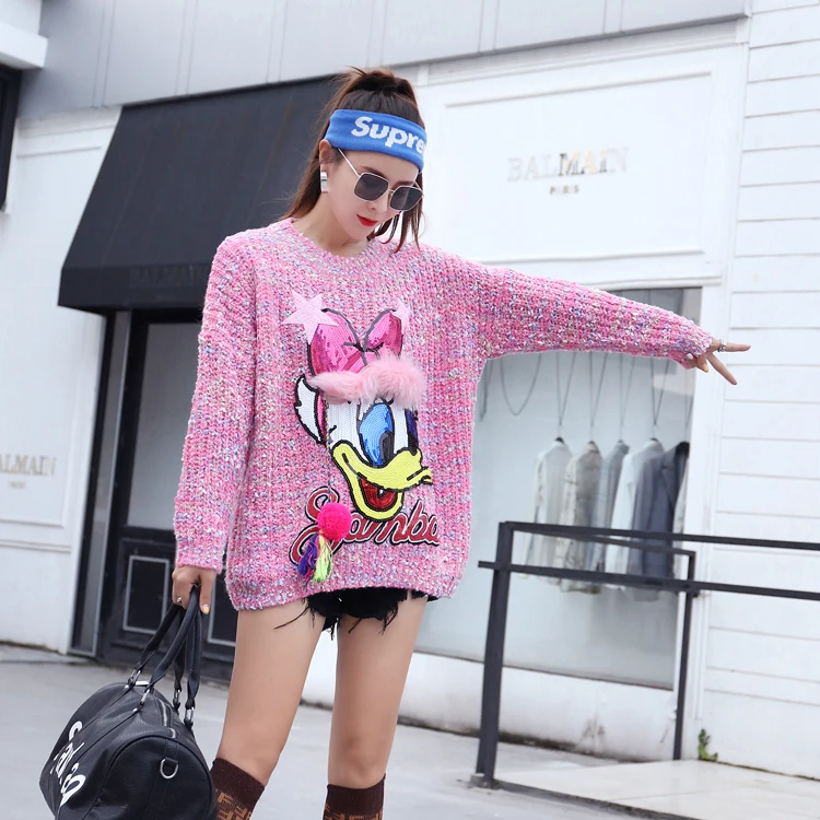 Girl Students Sweet Cartoon Duck Sequins Sweater Pretty Pink Long Knitted Wear Tops Large Size Casual Loose Pullovers | Женская одежда