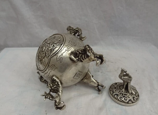 9 &quotТибет Silver Bird Fly Павлин Глава Статуя Феникс Лев Курильница Курильница|censer