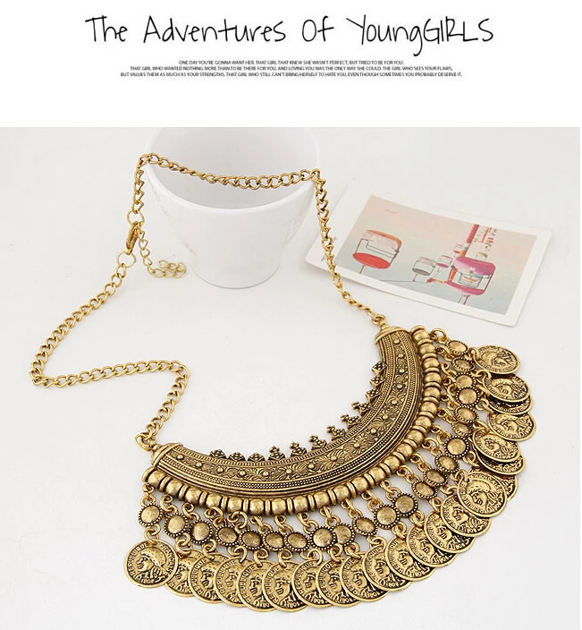 

Fashion Bohemian Fine Jewelry Maxi Vintage Choker Collar Statement Necklace Women Coin Tassel Necklaces & Pendants XY-N515