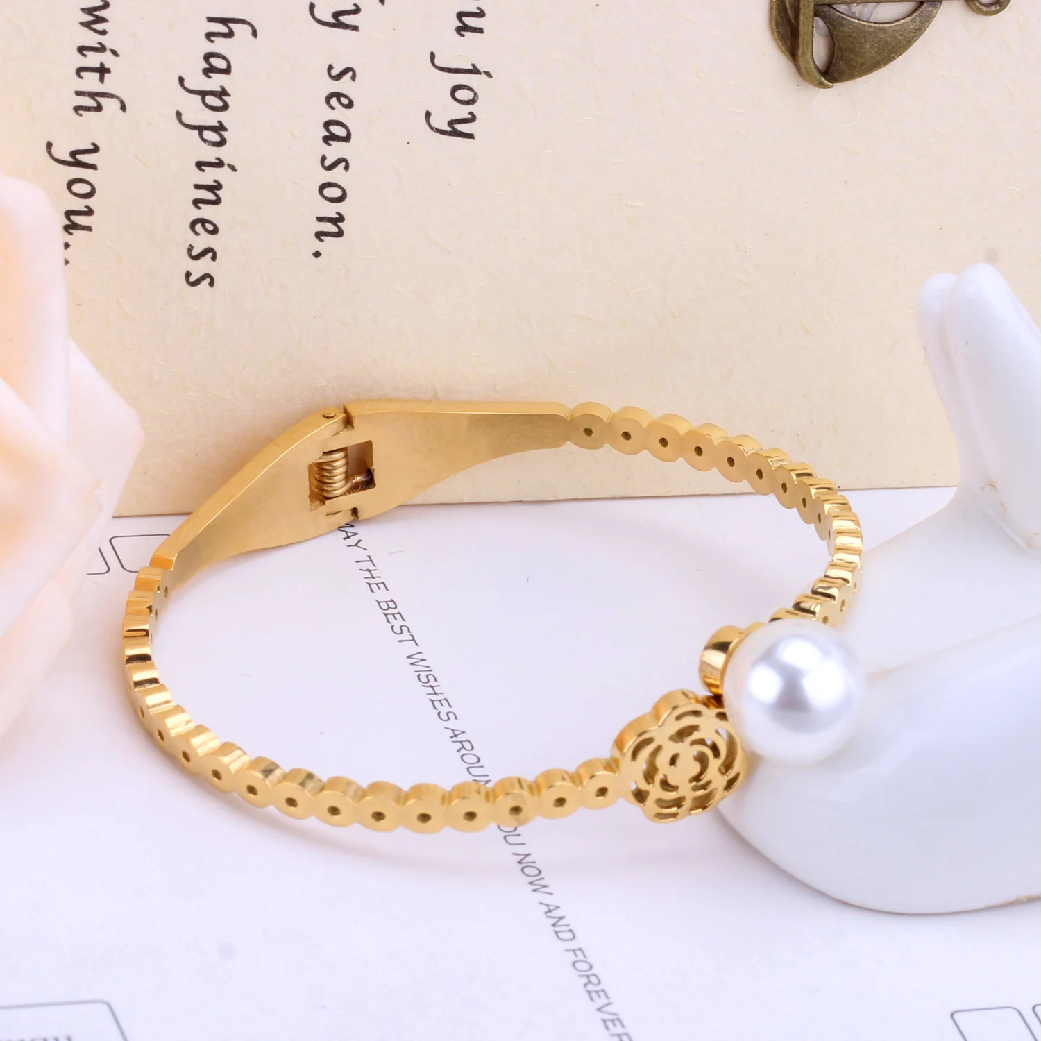 Браслет манжета из нержавеющей стали с искусственным жемчугом|bracelets & bangles|bracelets