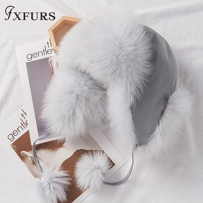blue fox fur Шапки с натуральным лисьим мехом, зимние женские шапки из меха енота, шапка-бомбер, русская ушанка, шапка-Авиатор, шапка для катания на лыжах - Цвет: blue fox fur