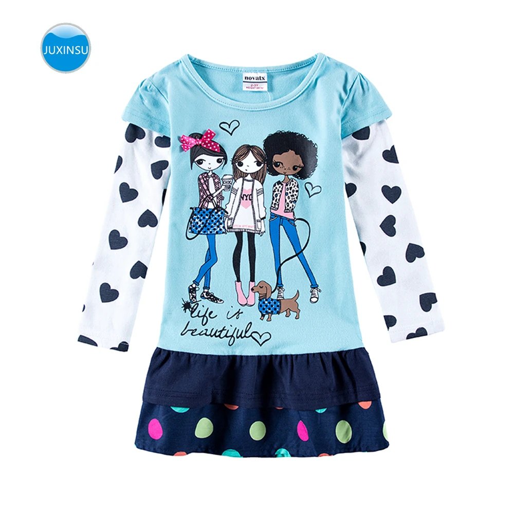 JUXINSU Toddler Girls Cotton Long Sleeve Dresses Three Stylish Little Cartoon Autumn Winter Girl Casual Dress for 1-5 Year | Детская