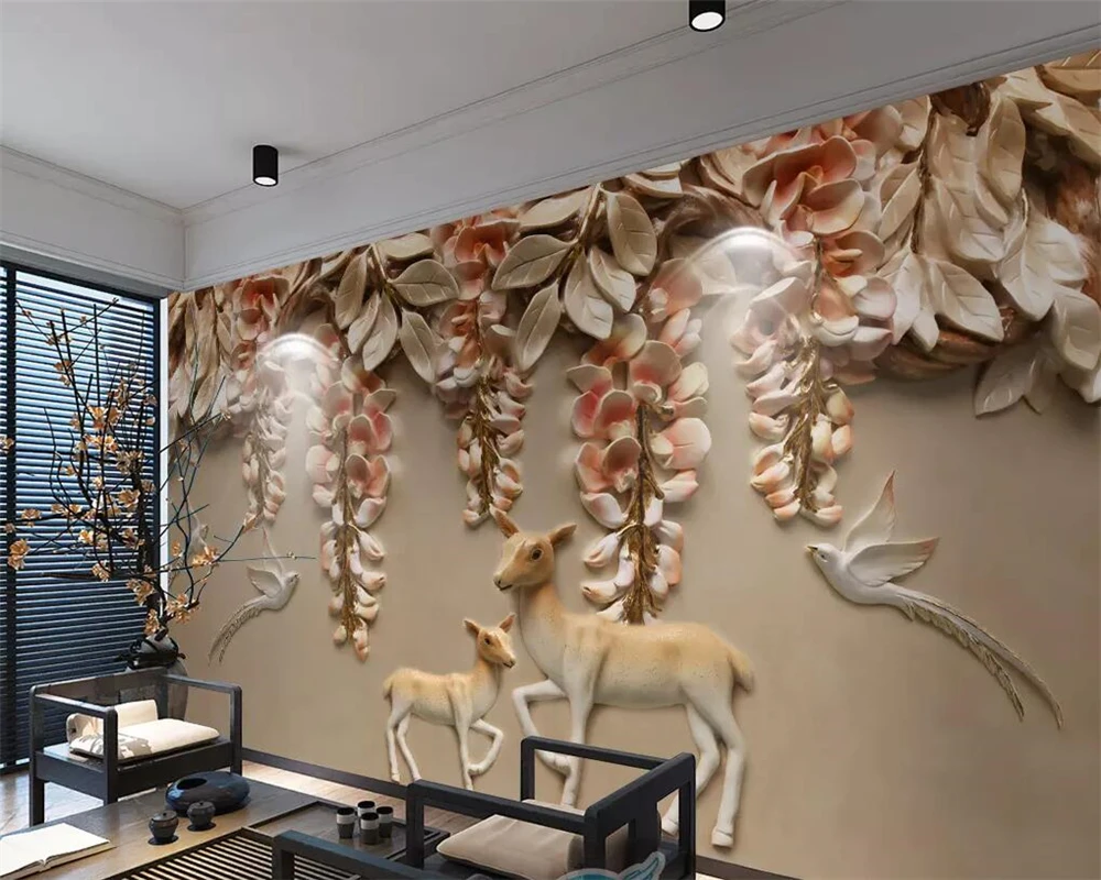 

beibehang Custom wallpaper 3d stereo photo mural embossed elk flower bird living room TV sofa background wall papers home decor