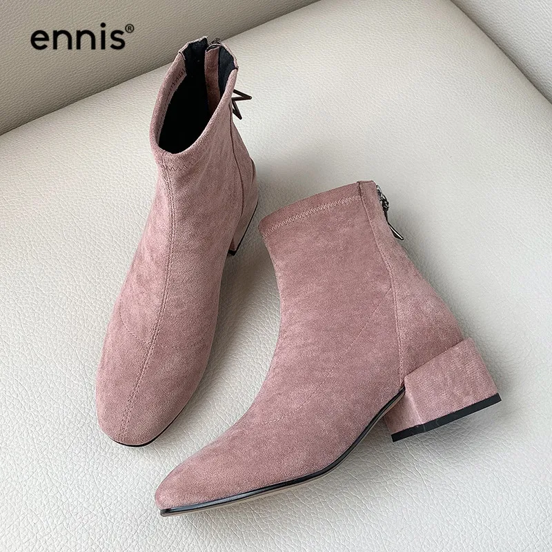 ENNIS/; осенние женские ботинки из флока; замшевые растягивающиеся ботильоны; женские ботинки с круглым носком на квадратном каблуке; модная обувь розового и черного цвета; A960