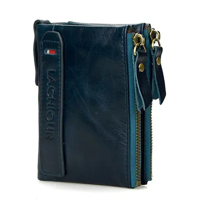 Blue Brand Men Genuine Leather Wallet Short Men Cowhide Leather Coin Pocket Purse Male Carteira Masculina Double Zipepr Coin Bag - Цвет: Blue