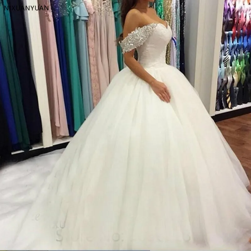 Wedding Dresses Off Shoulder Long Fashion Gown Beaded Dress Back Buttons robe de mariee Puffy Bridal Gowns | Свадьбы и торжества