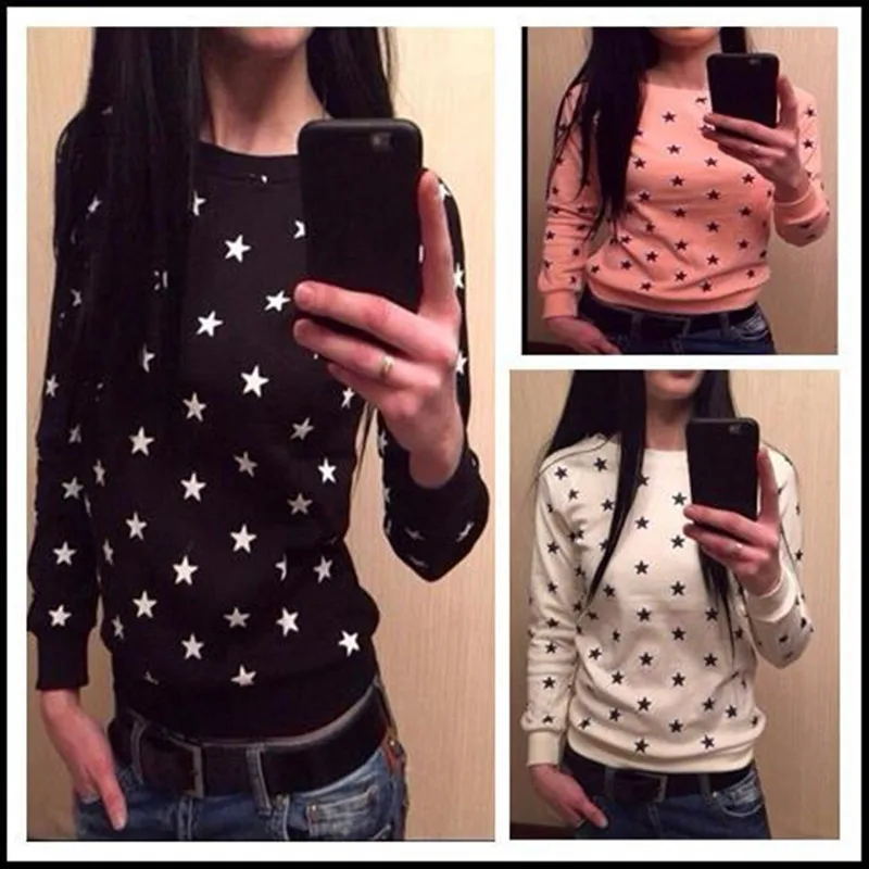 

Nice New Women Girl Pentagram Stars Printing Long Sleeve Crew-Neck Autumn Loose Casual Top Jumper Sweatshirts