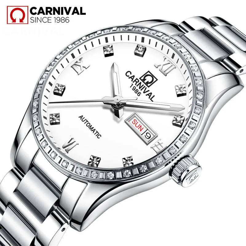 

CARNIVAL Ladies Diamond Display Women Top Brand Luxury White Simple Stainless steel Case Sapphire Automatic Mechanical Watches