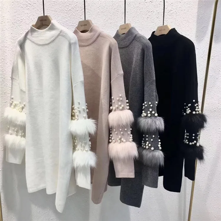 

New Faux Fur Embellished Sleeve Sweater Long-sleeve Jumpers with pearls Turtleneck Pull Casual Pullovers Jersey Mujer Invierno