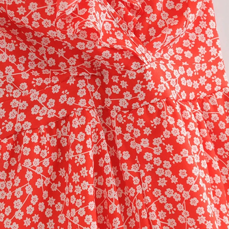 Dotfashion бязь принт отделкой рюшами узел сзади комбинезон без рукавов летний V шеи ползунки Для женщин Красный пляжный с завышенной талией Ромпер