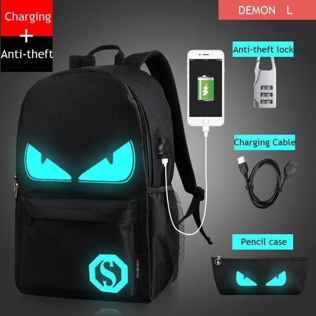 2Pcs demon Аниме светящийся Оксфорд школьный рюкзак на плечо до 15,6 дюймов с usb зарядным портом и замком школьная сумка для мальчика черный - Цвет: 2Pcs demon