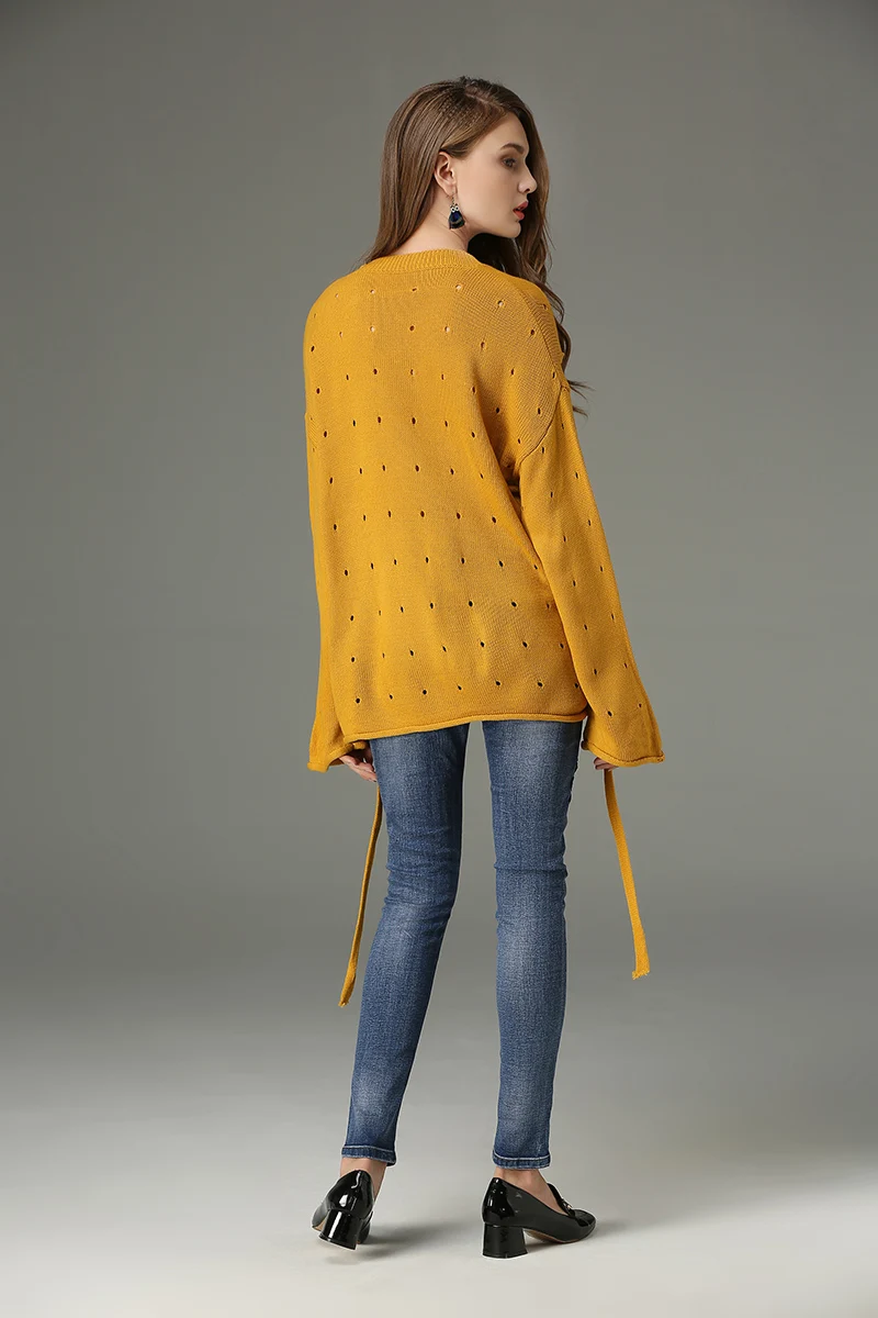 DALMAZZO 2018 Newest Autumn Women Office Lady Runway Holes Loose Sweaters Thick Wool Knitted Pullovers Flare Long Sleeve Sweater | Женская