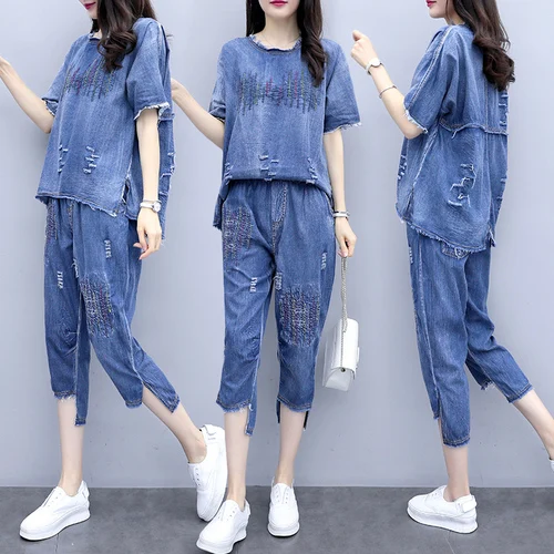 

Plus Size Two Piece Outfits Korean 2 Piece Set Top And Pants Casual Women Two Piece Outfits Loose Women's Summer Suit Clothes