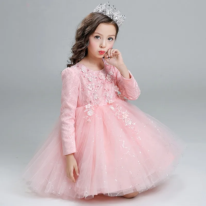 Top Quality Brand Girl Wedding Dress Lace Princess Party Sequin Tutu Infants Long-sleeve Bridesmaid Clothes | Детская одежда и