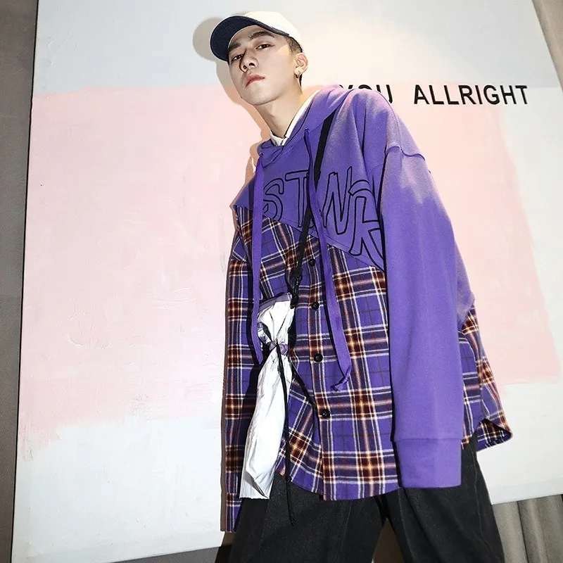 Лоскутная пуловер в клетку с длинными рукавами толстовки рубашки мужские хип хоп