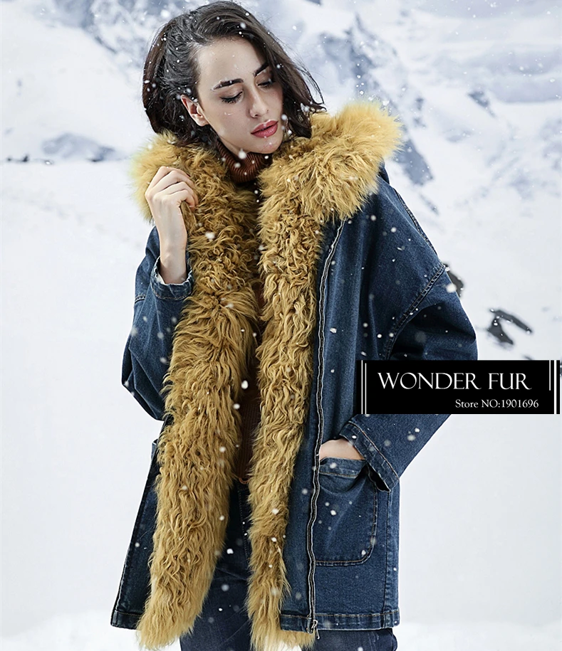 Забавный стиль меховые джинсы из овечьей шерсти для девочек куртка теплая с