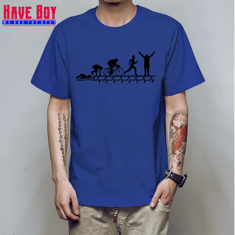 HAVE BOY Triathlon Ironman футболка для мужчин Триатлон сердцебиение Эволюция футболка для мужчин наряд Графический Мужской HB541 - Цвет: blue black