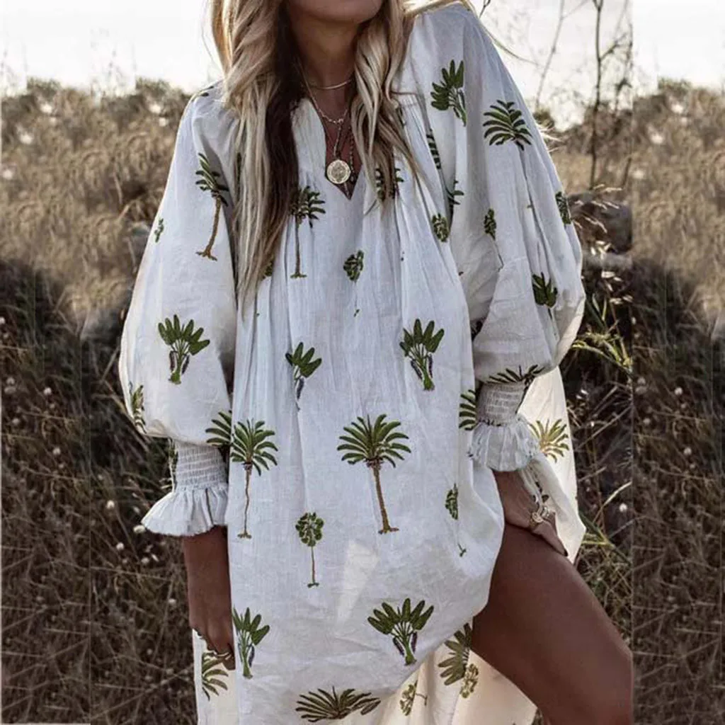 2019 Для женщин с печатным рисунком и длинным рукавом Свободные отворотом платье