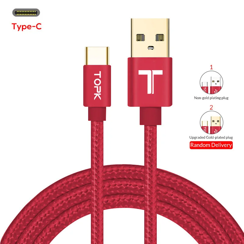 TOPK usb type C кабель Мягкий Нейлоновый Плетеный синхронизация данных Зарядка тип-c кабель для samsung Xiaomi huawei OnePlus USB-C - Цвет: Красный