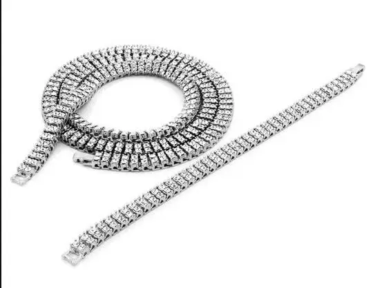 silver Новое поступление, ювелирный набор для мужчин s, серебро, золото, черный цвет, Iced Out 3" 2 ряда, имитация цепь в стиле хип-хоп и 8" браслет для мужчин - Окраска металла: silver
