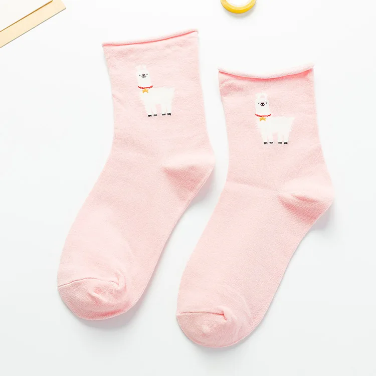 pink llama Modis Harajuku Мультяшные забавные Женские повседневные хлопковые носки женские короткие носки животные Фламинго лама Лолита счастливые цветные женские носки - Цвет: pink llama