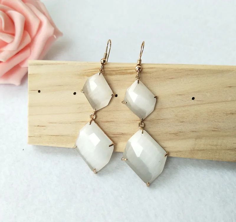 1 пара ромб Форма серьги с камнями-опалами Длинные висячие драгоценного камня