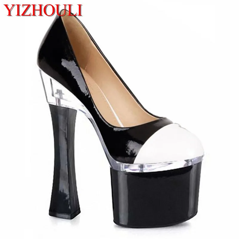 18cm high heels for women, sexy bridal party with thick heels and round toe leather material, model party, dancing shoes