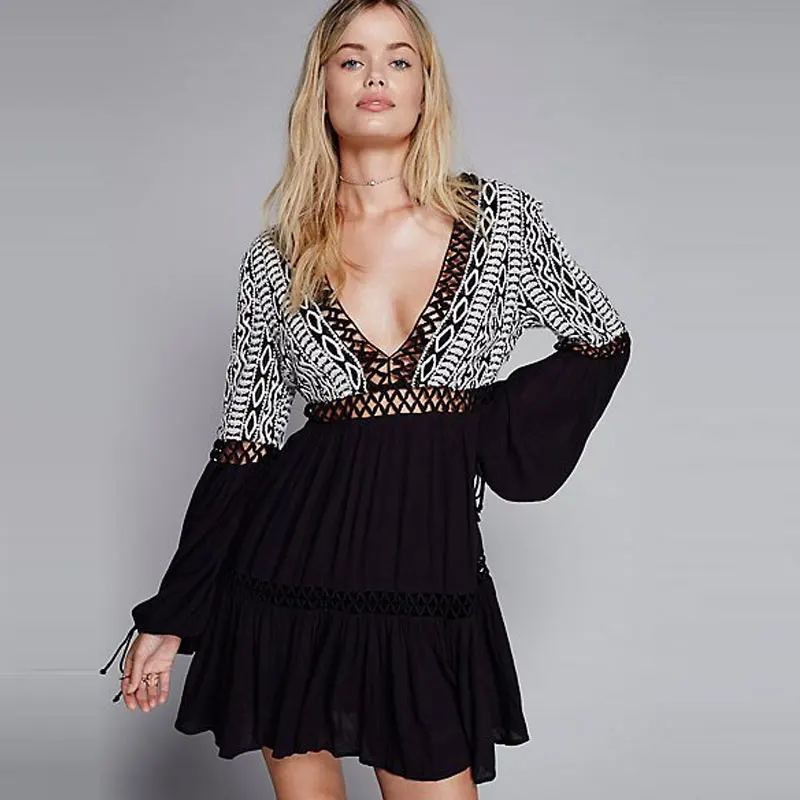 Женское богемное платье бохо Макси-Платье на шнуровке с глубоким вырезом и