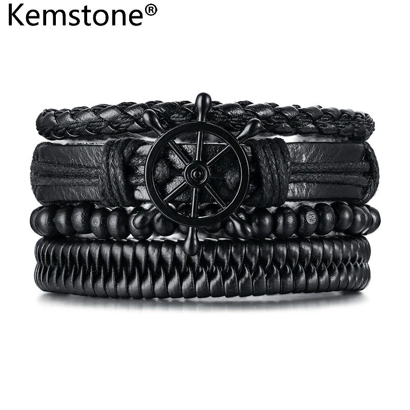 Kemstone Ретро черный/коричневый деревянные бусины ПУ кожа сплав Руль мужской ювелирный браслет подарок