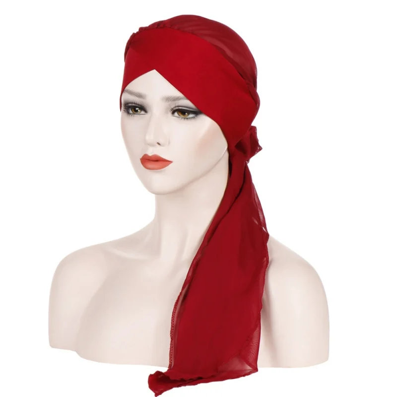 

Chiffon Women Hat Muslim Ruffle Cancer Chemo Beanie Scarf Turban Two Tail Wrap Cap daily wear solid Freeshipping