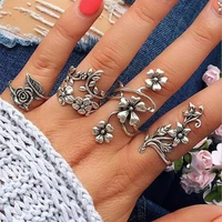 new antique silver colour 4 pcs set punk flowers leaves hollow rose silver ring set women glamour party jewelry valentine gift