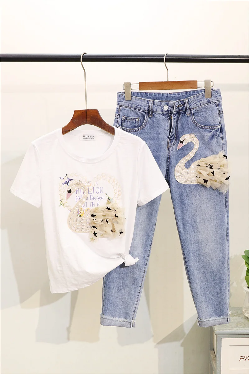 Женский Брючный комплект ALPHALMODA футболка с коротким рукавом и принтом лебедя