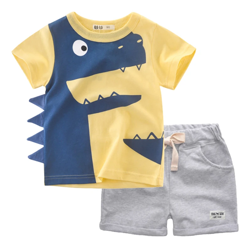 BINIDUCKLING Summer Boys Kids Clothes Cartoon Dinosaur O-Neck T-Shirt+Shorts Pure Cotton Children Boy Clothing Set 2T 3T 4T 5T | Детская