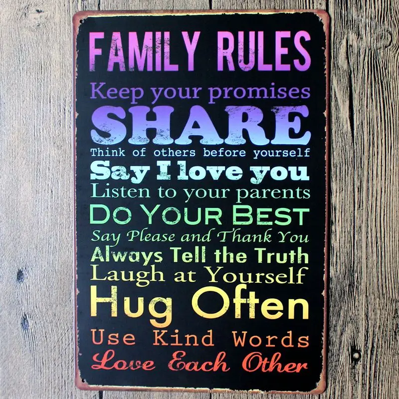 Work Hard And Be Nice Family Rules Оловянная табличка металлический винтажный настенный паб