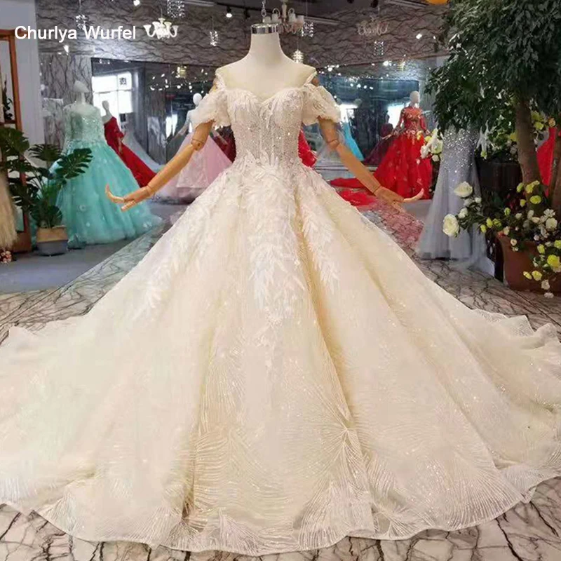 LSS290 light champagne wedding gowns with long train off the shoulder sweetheart dresses ball gown from real factory | Свадьбы и
