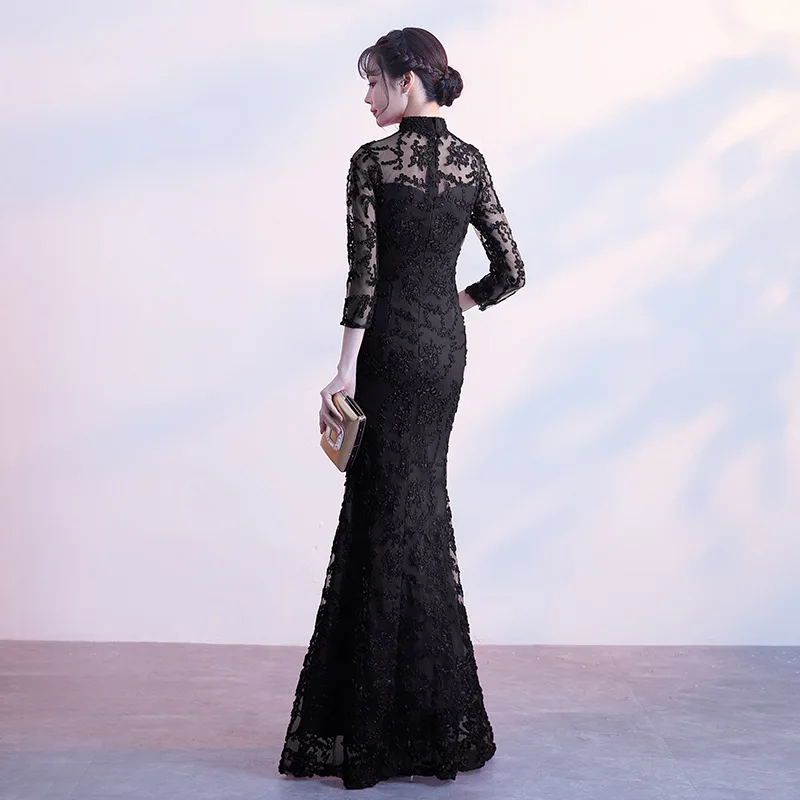 2018 черное китайское свадебное платье женское с длинным рукавом Cheongsam тонкое