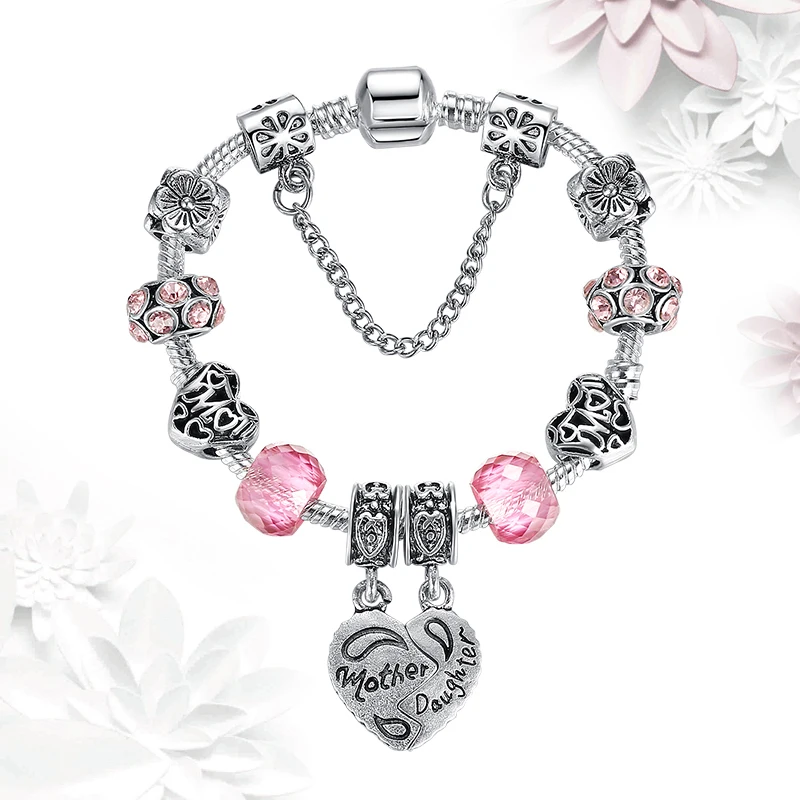 Женский браслет ELESHE серебряный в форме сердца с бусинами из муранского розового