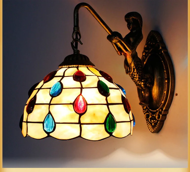 

Modern pastoral tail Shell Mermaid LED Wall Lamp 8 inch Mediterranean Tiffany Mirror Front Wall Light Home Indoor Lighting