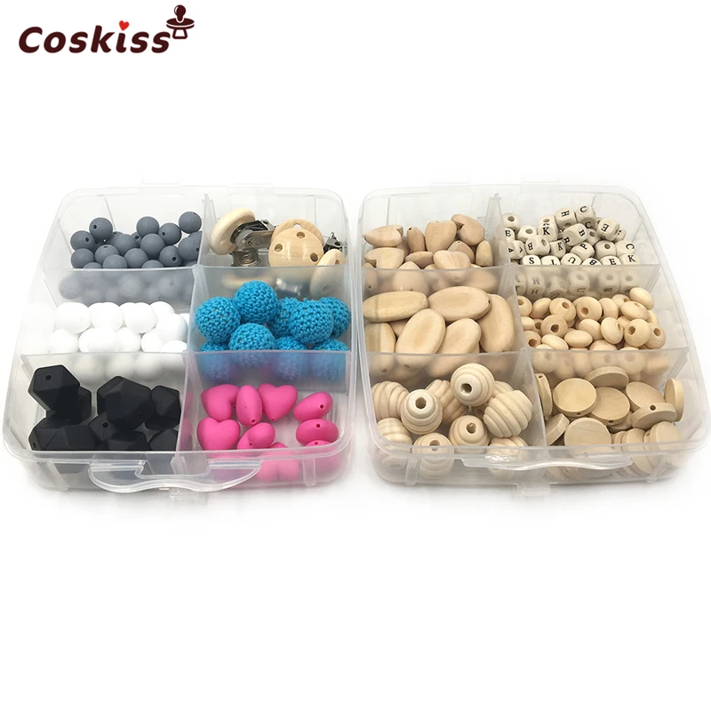 

2 Boxed Crochet Beads Natural Round Geometry Wooden Beads Silicone Heart Round Beads Wooden Pacifier Clip DIY Baby Teether Set