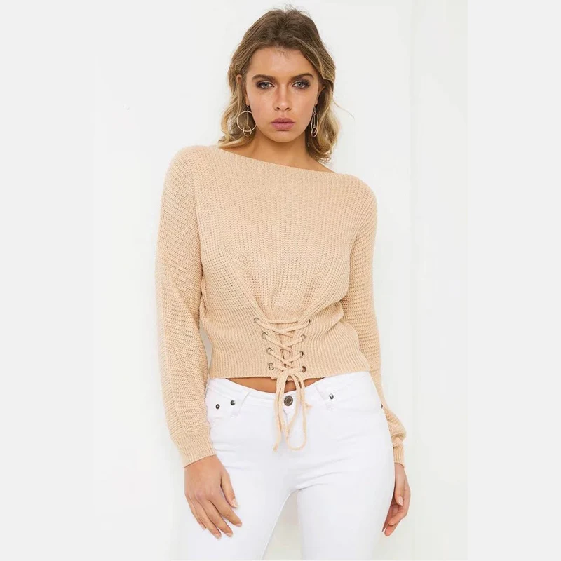 Autumn Batwing long sleeve sweater Lace up pullover short crop top casual knit | Женская одежда