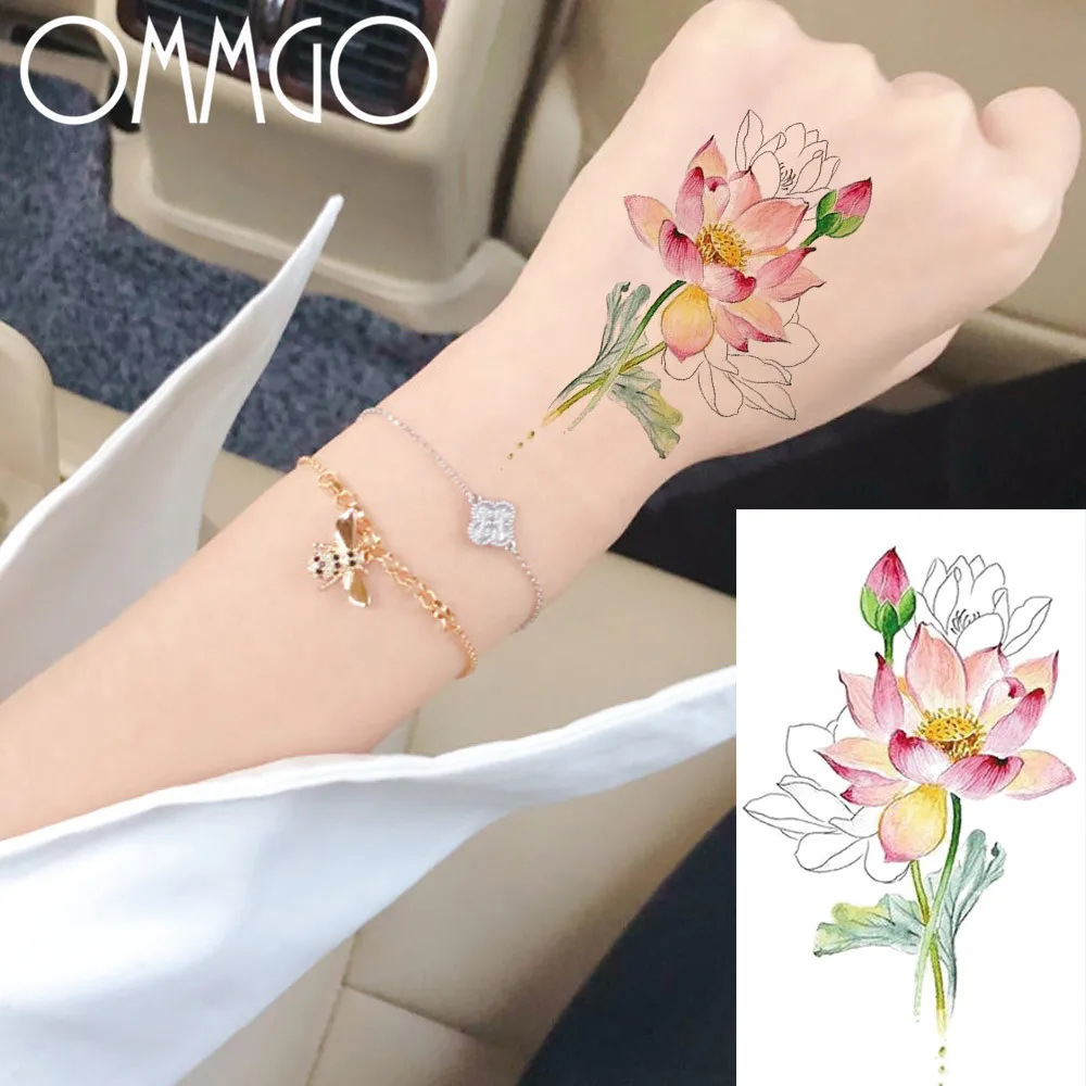 

OMMGO Lotus Leaf Buddha Temporary Tattoos Sticker Watercolor Draw Fake Tatoos Custom Tattoo Body Art Arm Girl Women Wrist Deco