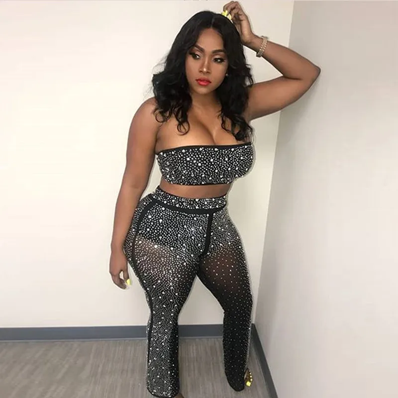 Мода 2018 г. Клубная одежда со стразами для женщин комплект Алмаз укороченный топ