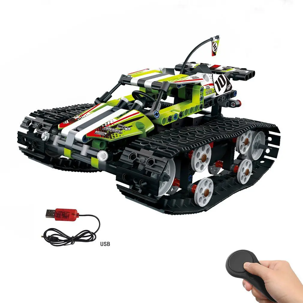 Green MoFun-13023 410 шт. DIY Электрический Радиоуправляемый автомобиль 2,4G 4CH usb зарядка строительный блок имитация гусеничного высокоскоростного автомобиля игрушка для детей - Цвет: Green