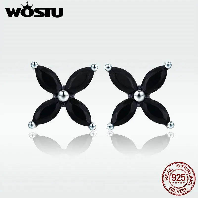 Женские серьги гвоздики WOSTU из 100% настоящего серебра 925 пробы с черным цветком и