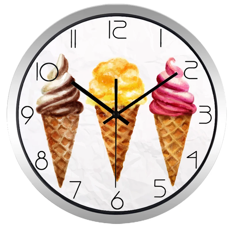 Милые кухонные настенные часы с мороженым 3 размера цвета без тикания звука