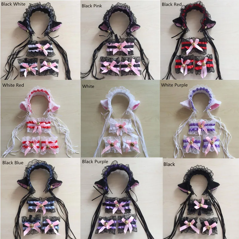

New Cat Lace Tassels Ears Headband Neckwear Wristband Anime Cosplay Costume Set Performance Props Halloween Party Favor