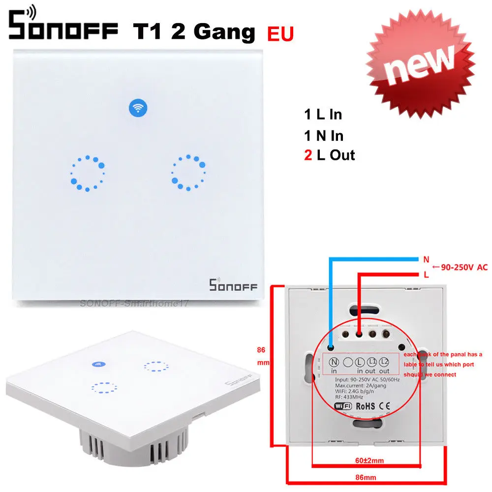 sonoff T1 EU 2GANG Itead Sonoff T1 EU 2 банда 1 способ Wifi настенный переключатель беспроводной дистанционный светильник реле приложение сенсорное управление Wifi умный переключатель работа с Alexa - Комплект: sonoff T1 EU 2GANG