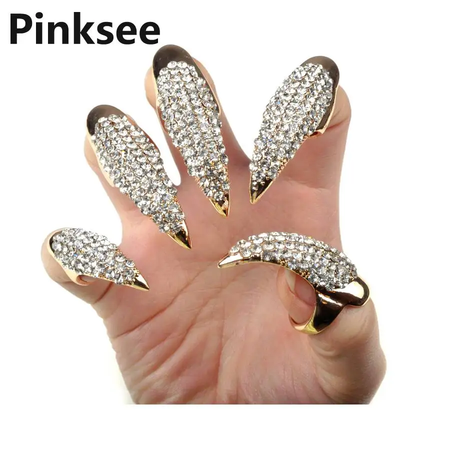 

Wholesale Lots 10pcs Retro Punk Full Crystal Claw Ring Finger Nail Rings 3 Sizes For Women jewelry Drop Free