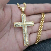 hip hop iced out cross pendant with stainless steel chain golden necklace for men christian jewelry dropshipping